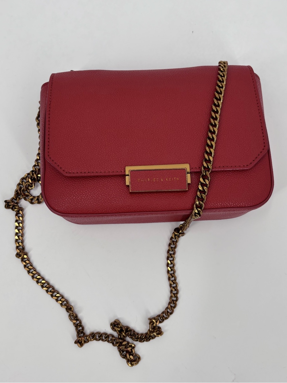 Charles & Keith Scarlet Pebbled Crossbody with Gold Chain Strap